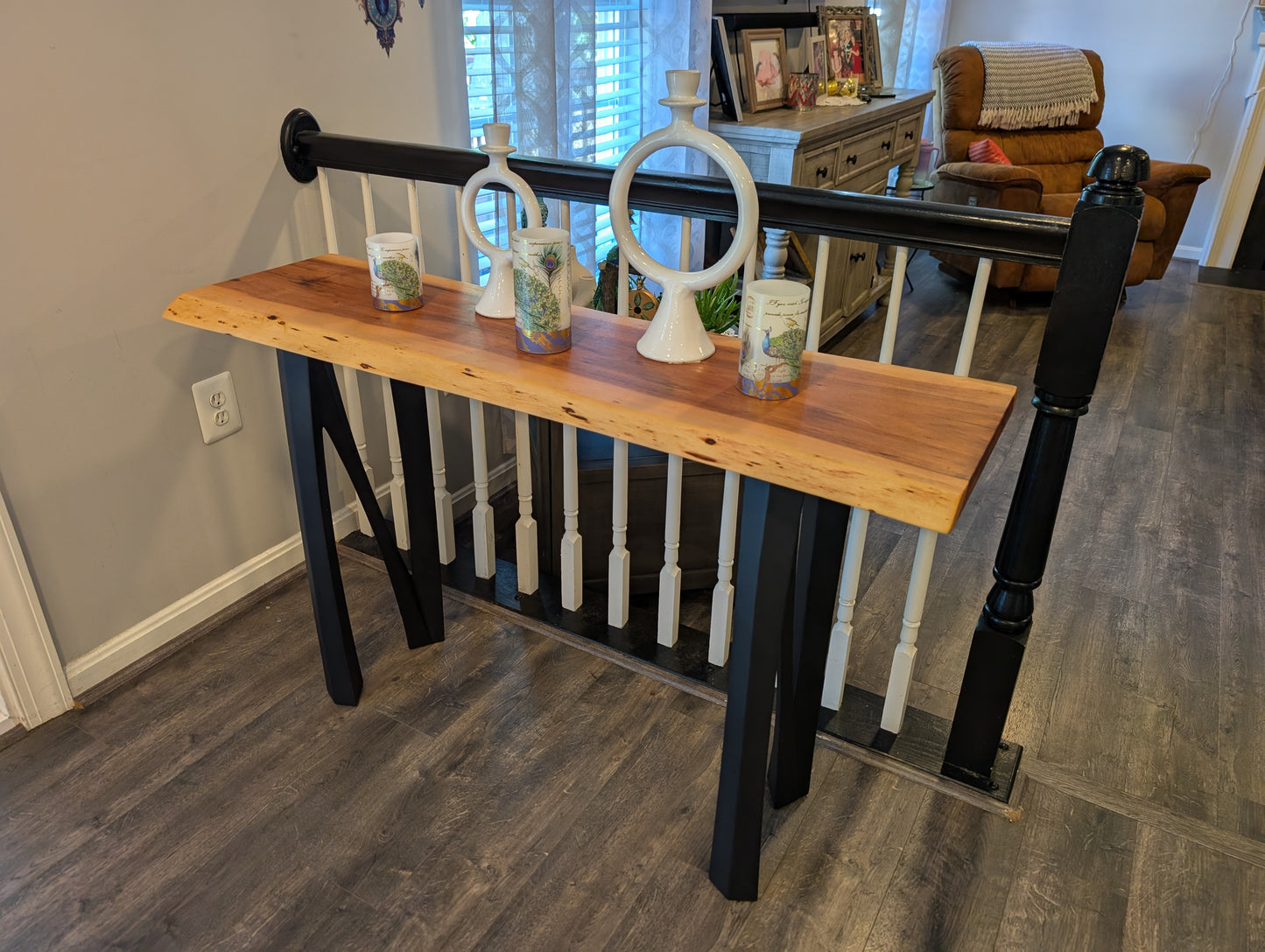 Live Edge Console Table – Patagonian Rosewood Top & Powder-Coated Steel Legs (#602)