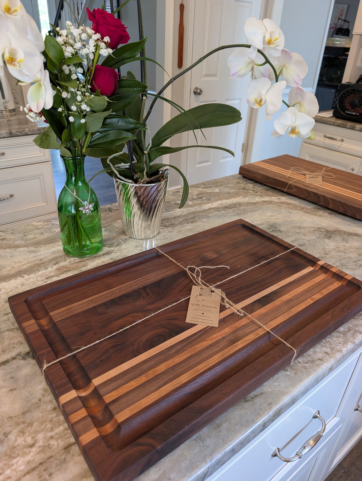 Walnut with Cherry Accent Stripes Cutting Board with juice groove (#147)