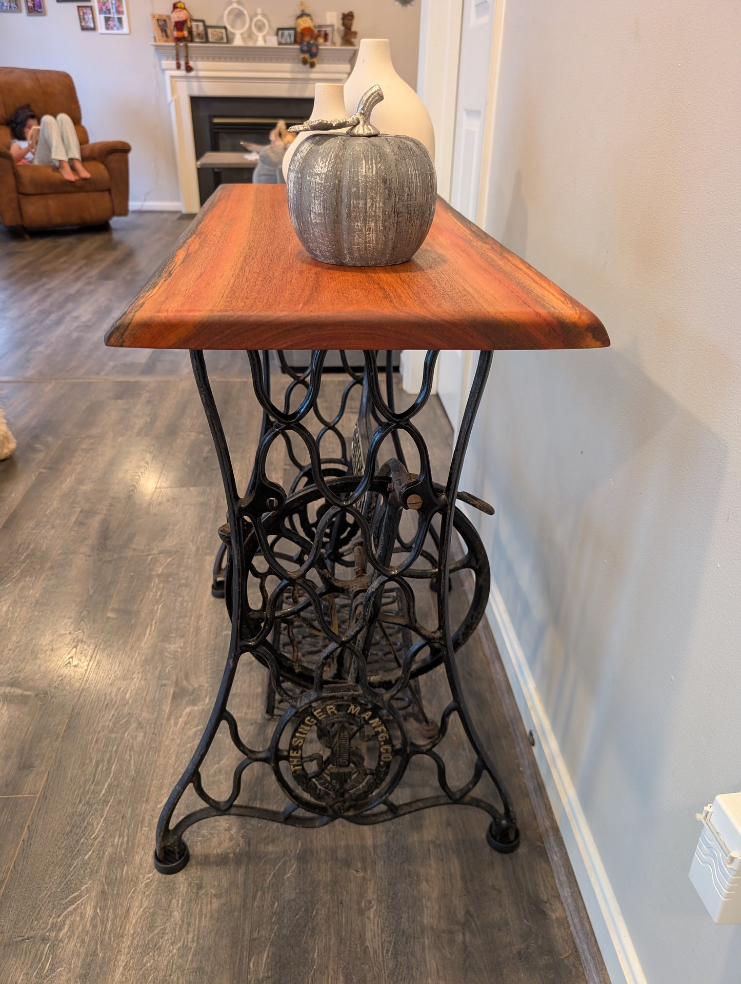 Live Edge Guatemalan Cherry Table on Antique Singer Cast Iron Base