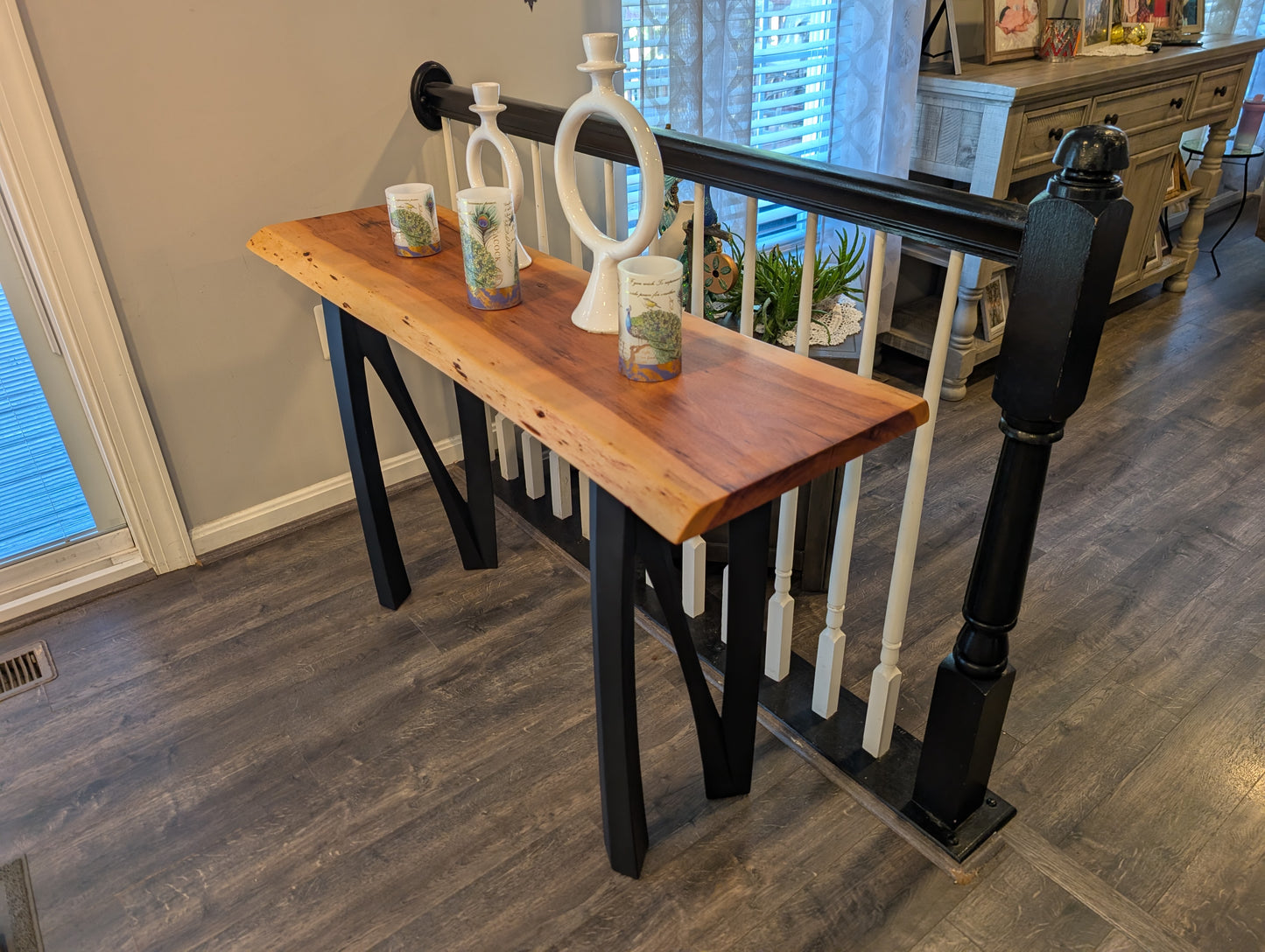 Live Edge Console Table – Patagonian Rosewood Top & Powder-Coated Steel Legs (#602)
