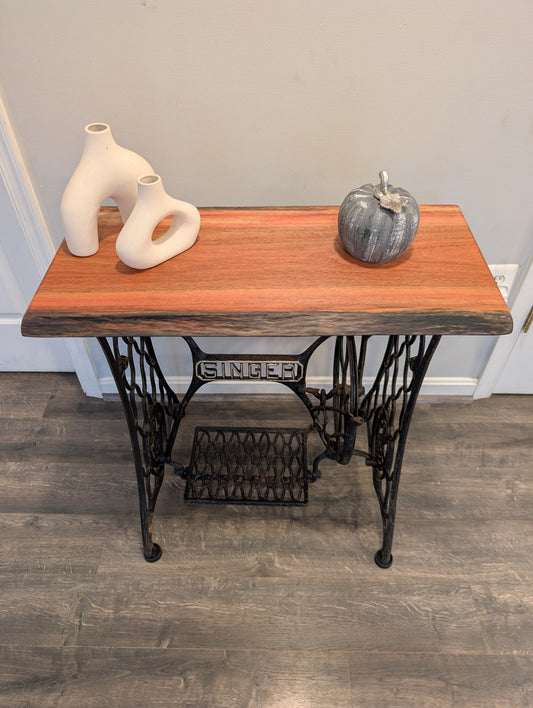 Live Edge Guatemalan Cherry Table on Antique Singer Cast Iron Base