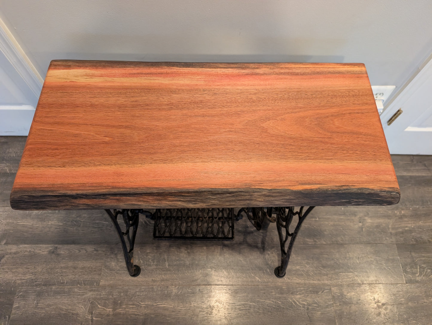 Live Edge Guatemalan Cherry Table on Antique Singer Cast Iron Base