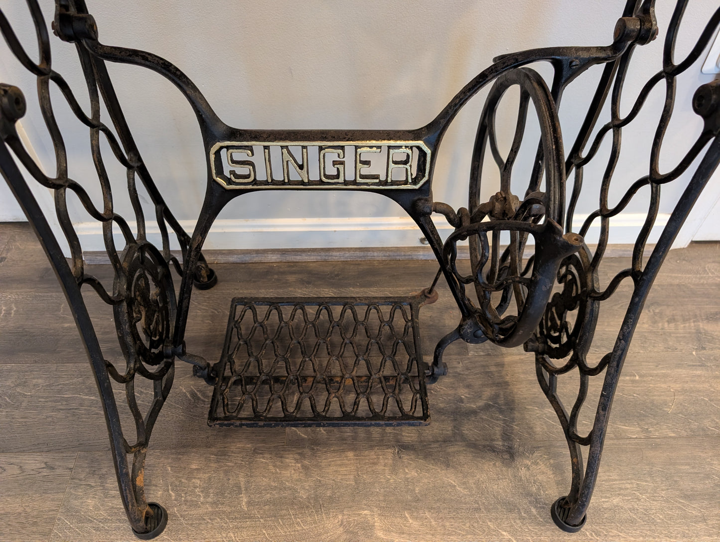 Live Edge Guatemalan Cherry Table on Antique Singer Cast Iron Base