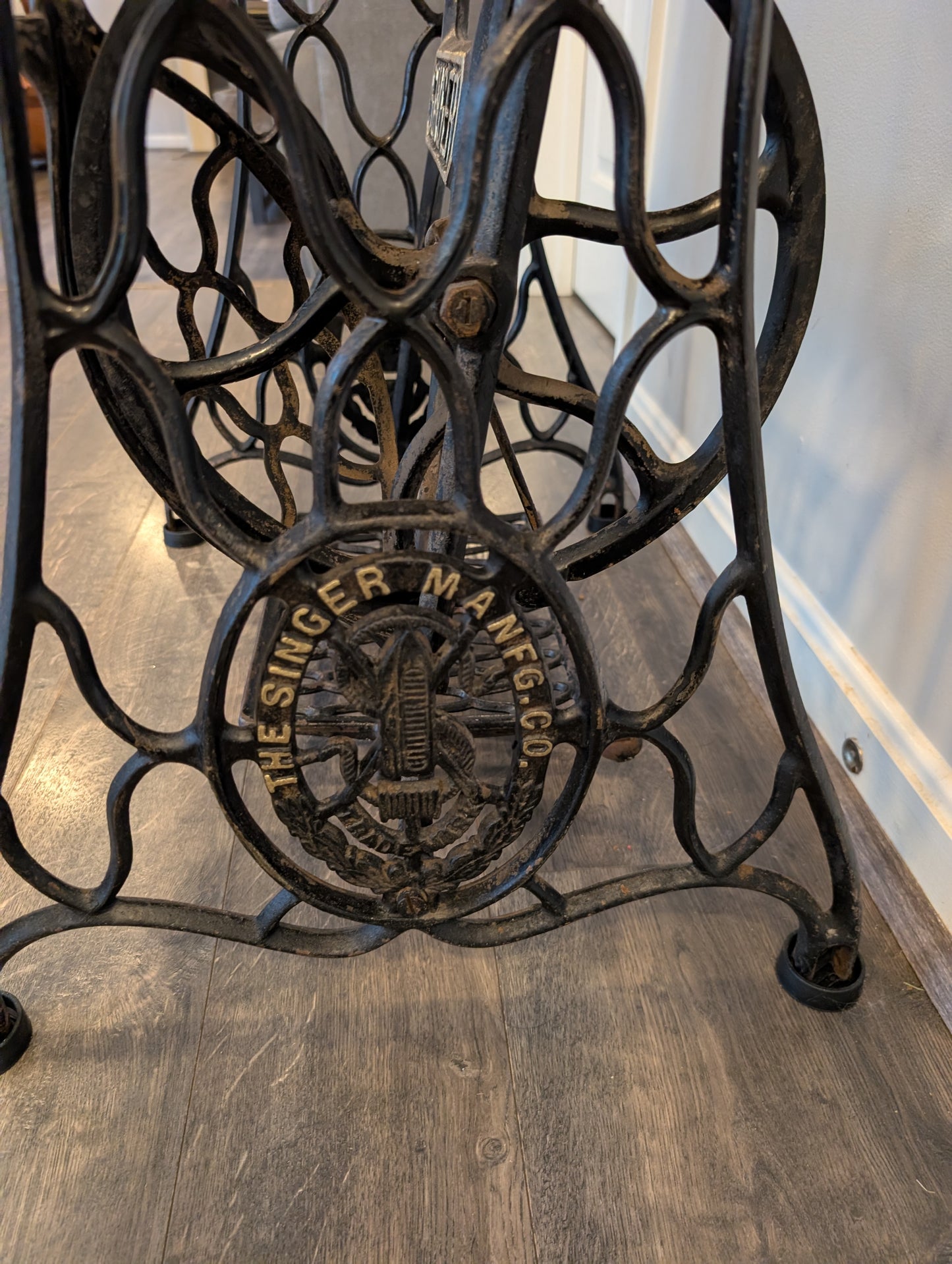 Live Edge Guatemalan Cherry Table on Antique Singer Cast Iron Base