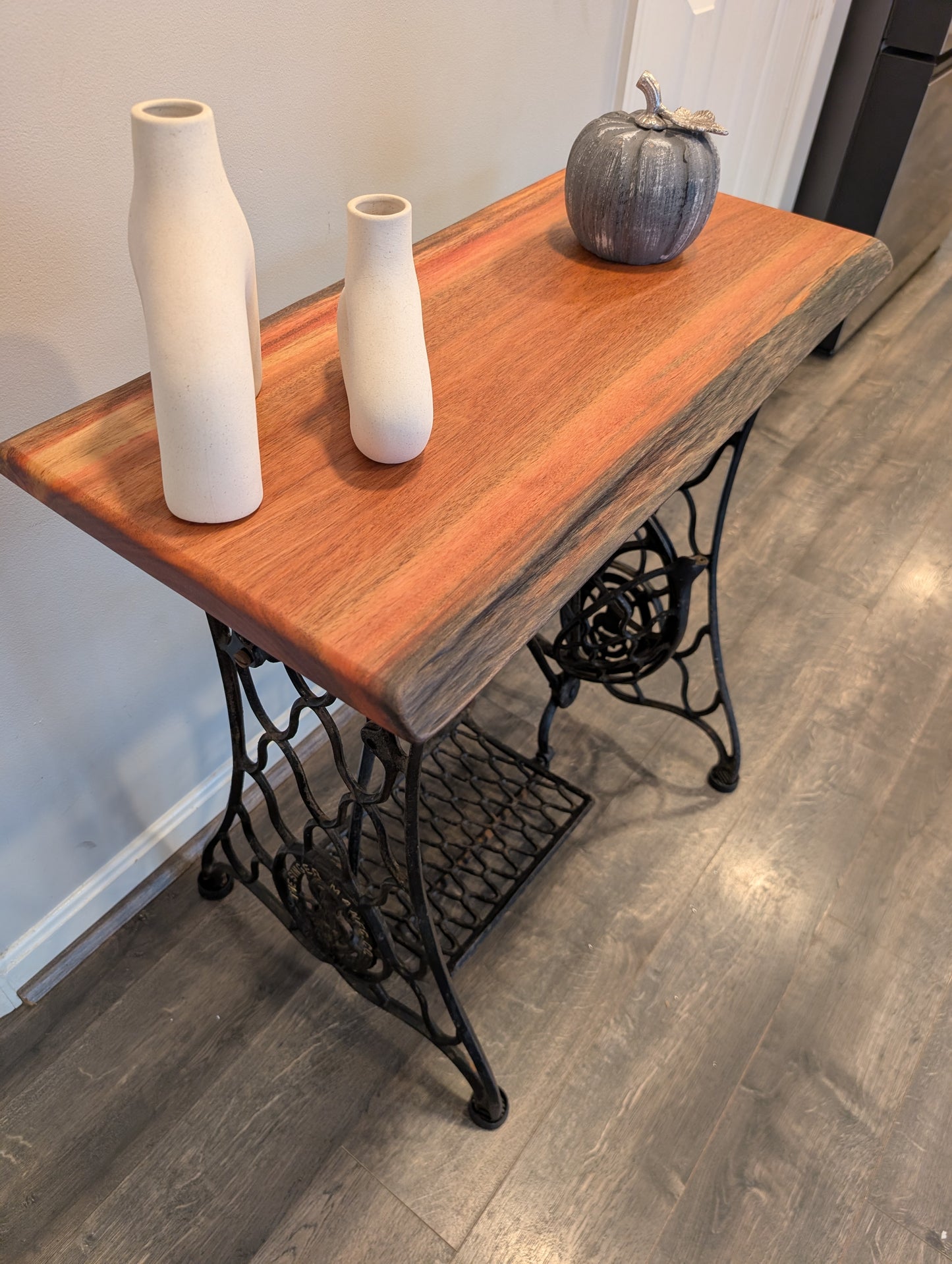 Live Edge Guatemalan Cherry Table on Antique Singer Cast Iron Base