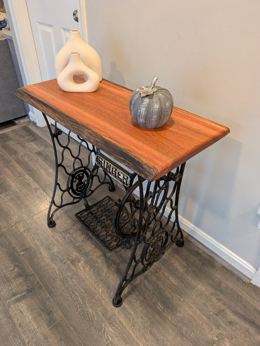 Live Edge Guatemalan Cherry Table on Antique Singer Cast Iron Base