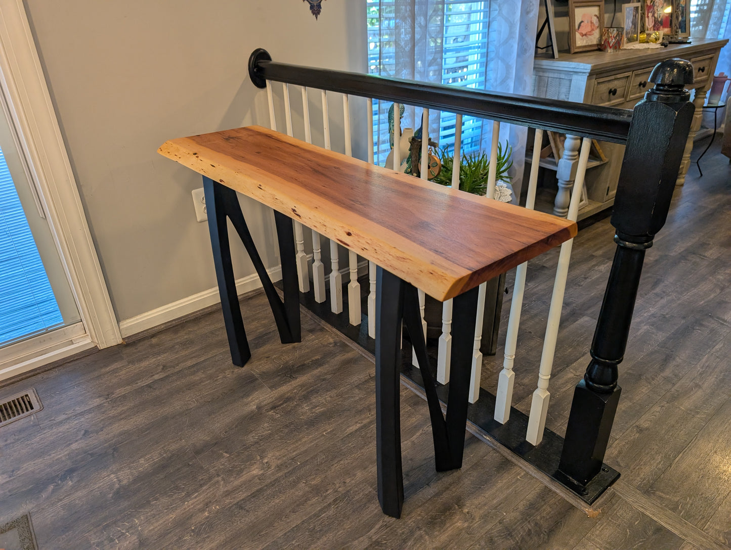 Live Edge Console Table – Patagonian Rosewood Top & Powder-Coated Steel Legs (#602)