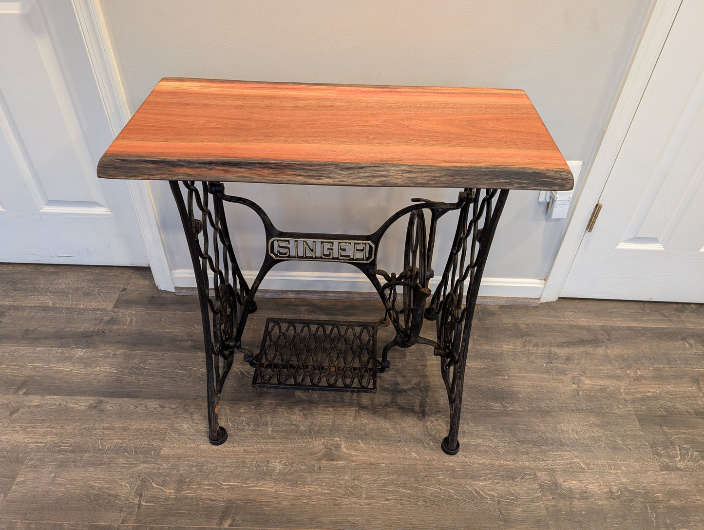 Live Edge Guatemalan Cherry Table on Antique Singer Cast Iron Base